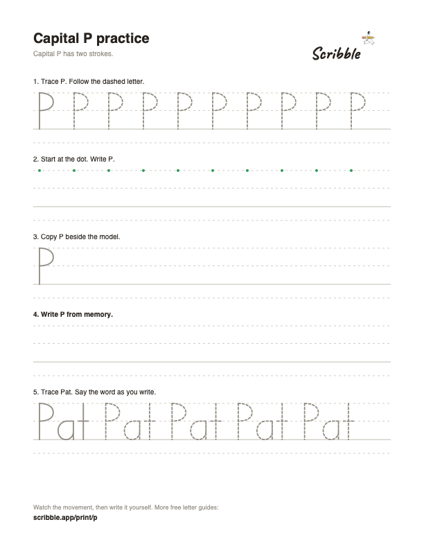 Preview of the free capital P tracing worksheet