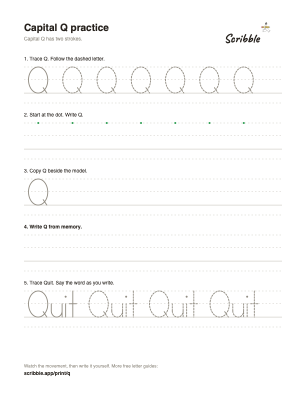 Preview of the free capital Q tracing worksheet