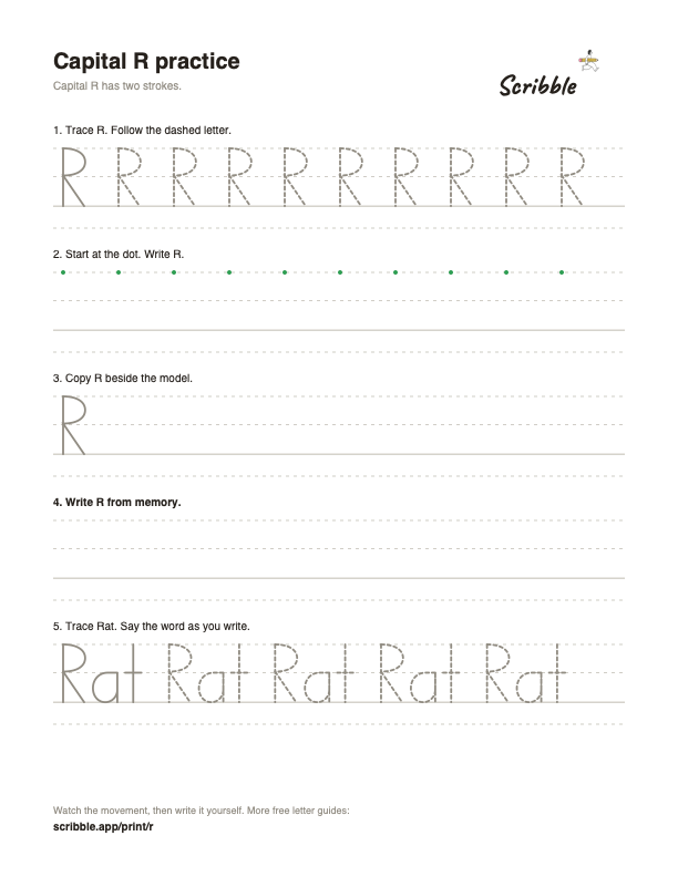 Preview of the free capital R tracing worksheet