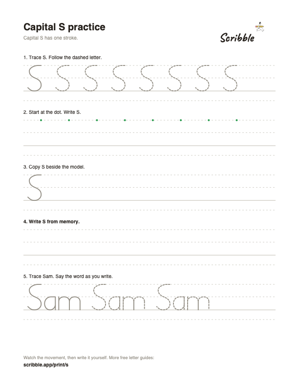Preview of the free capital S tracing worksheet