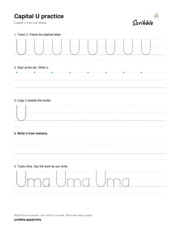 Preview of the free capital U tracing worksheet