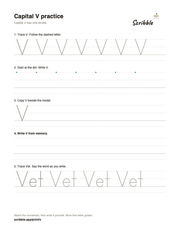 Preview of the free capital V tracing worksheet