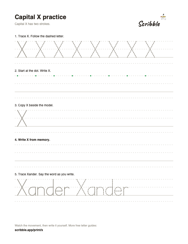 Preview of the free capital X tracing worksheet