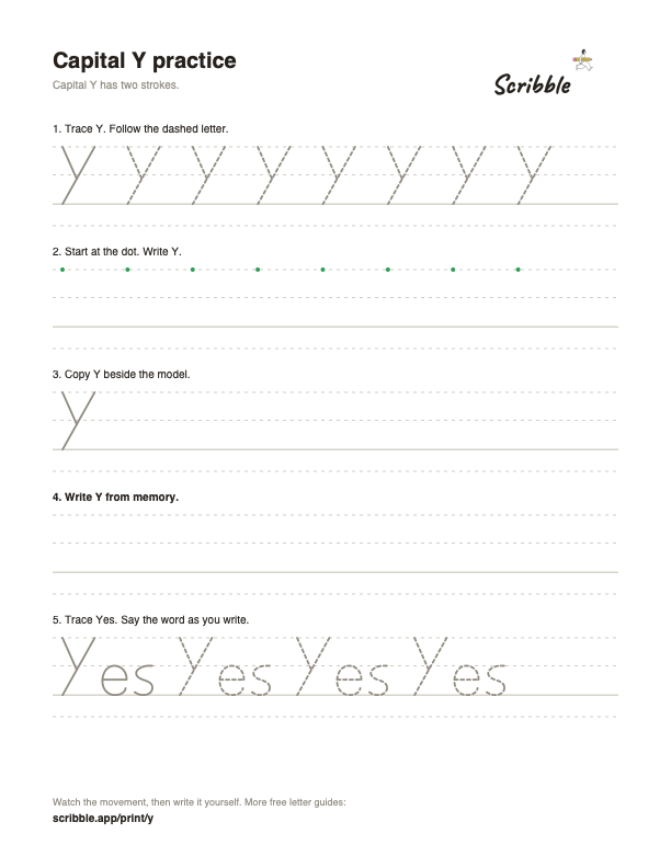Preview of the free capital Y tracing worksheet