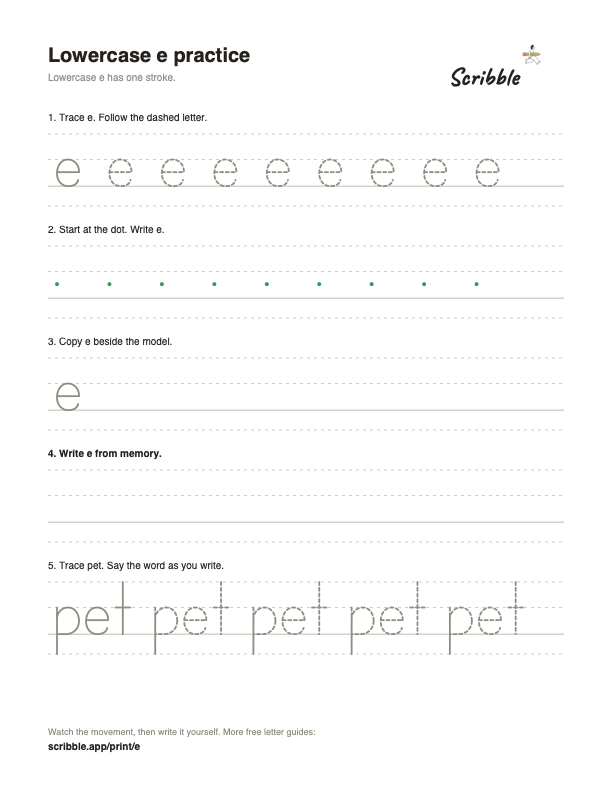 Preview of the free lowercase e tracing worksheet