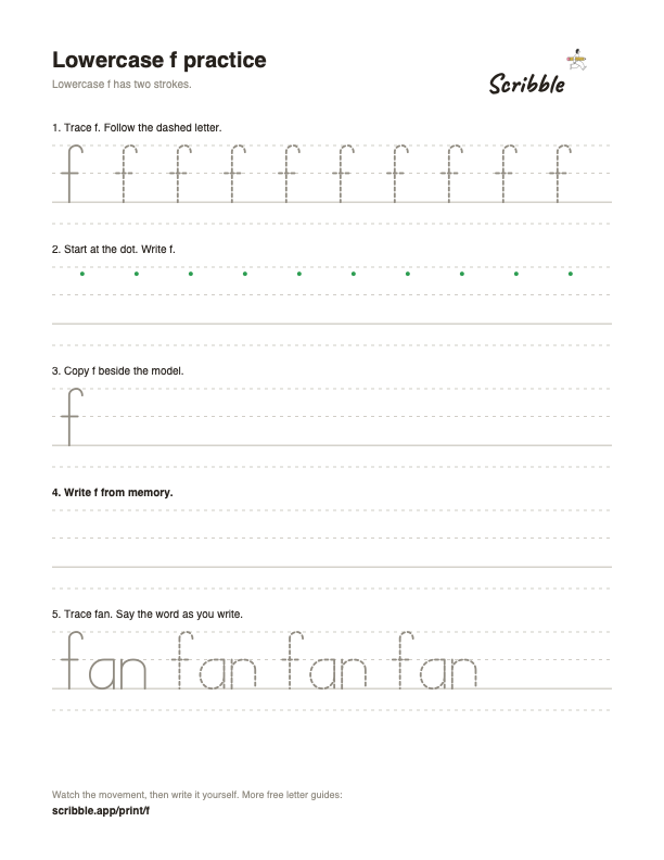Preview of the free lowercase f tracing worksheet