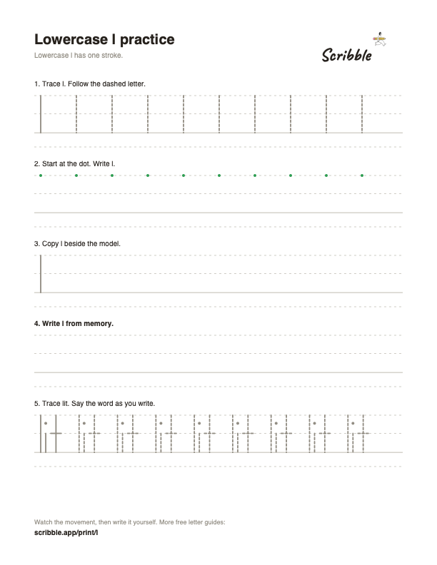 Preview of the free lowercase l tracing worksheet