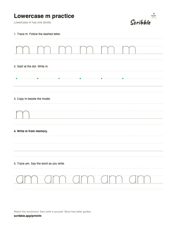 Preview of the free lowercase m tracing worksheet