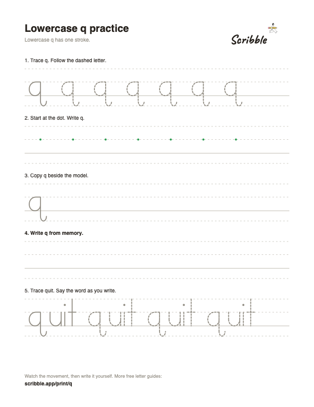 Preview of the free lowercase q tracing worksheet