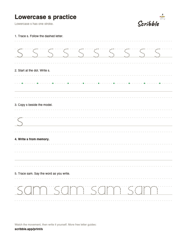 Preview of the free lowercase s tracing worksheet