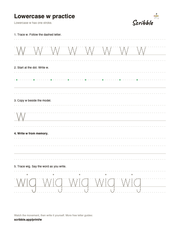 Preview of the free lowercase w tracing worksheet