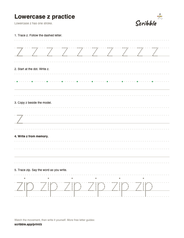 Preview of the free lowercase z tracing worksheet